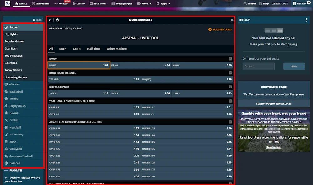 Sportpesa Betting Options and Market Coverage Screenshot